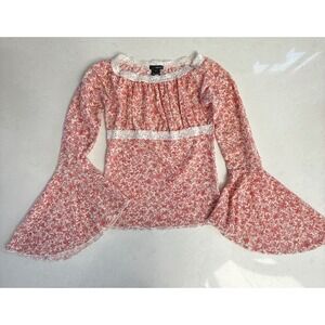 Kenzie Babydoll Top Floral Lace Bell Sleeve Blouse‎ Pink White Sheer Boho Size S
